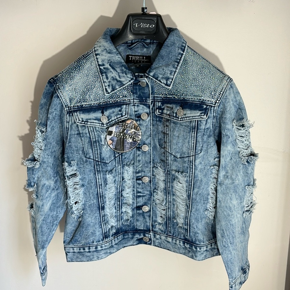Thrill Jeans Denim Jacket with Multicolor Rhinestones - Medium